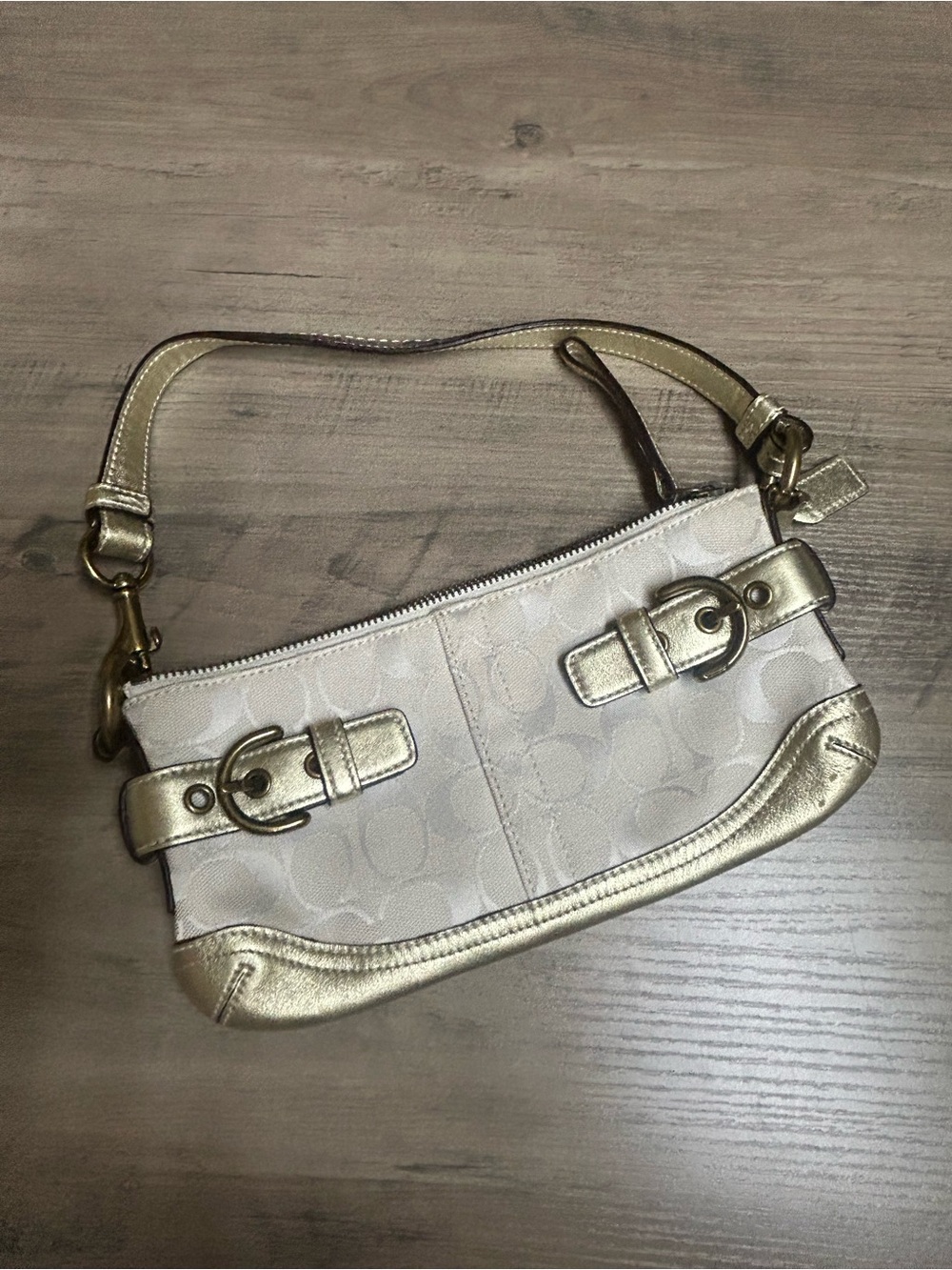 Coach Signature Ivory/Gold Metallic Leather Wristlet